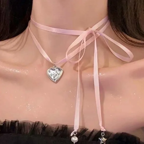 balletcore heart locket pink ribbon choker - Picture 2 of 5
